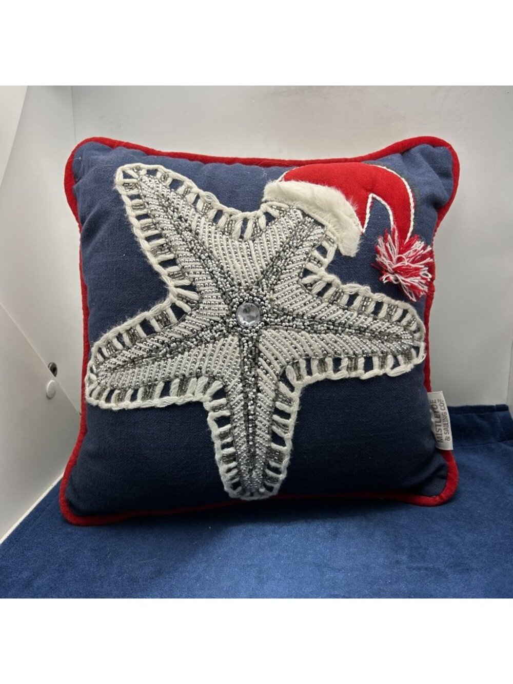 Mistletoe & Sailing Co Coastal Starfish Santa Christmas Beaded Nautical Pillow